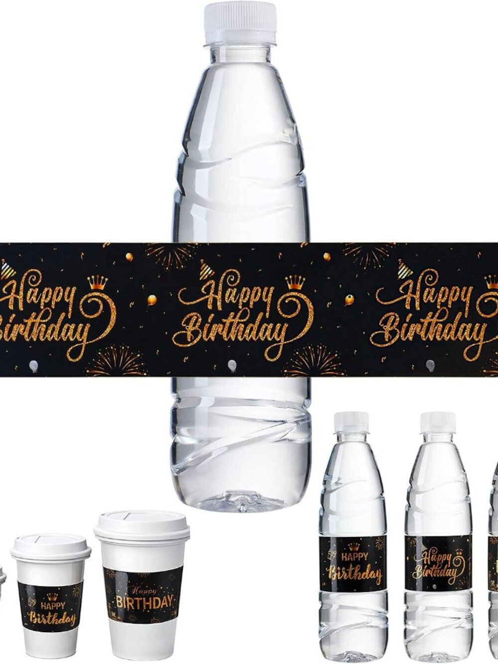30 Pcs Happy Birthday Party Water Bottle Labels, Black Gold Style